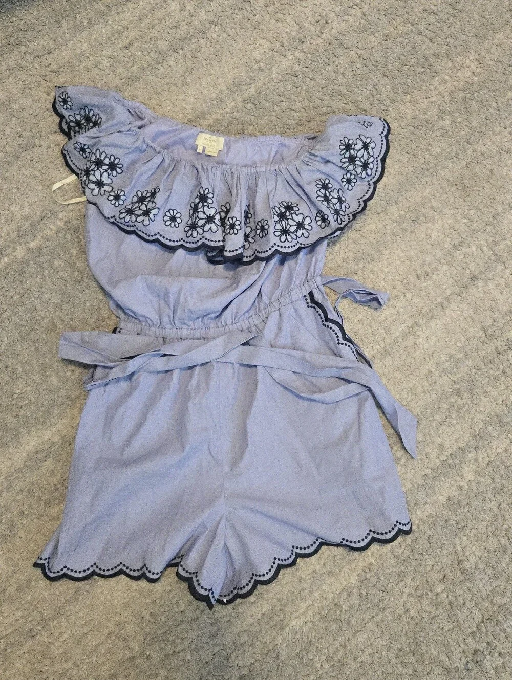 Kate Spade New York Blue Off Shoulder Floral Embroidered Romper Scallop Size 8